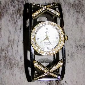 Silver and Gold Bangle Watch With Simulated Diamonds